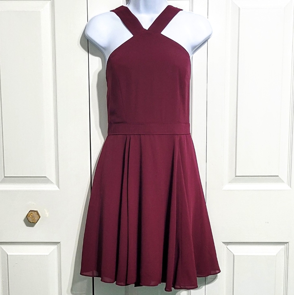 Lulu's Flair Burgandy Dress Forevermore Skater Maroon Sleeveless Halter Purple